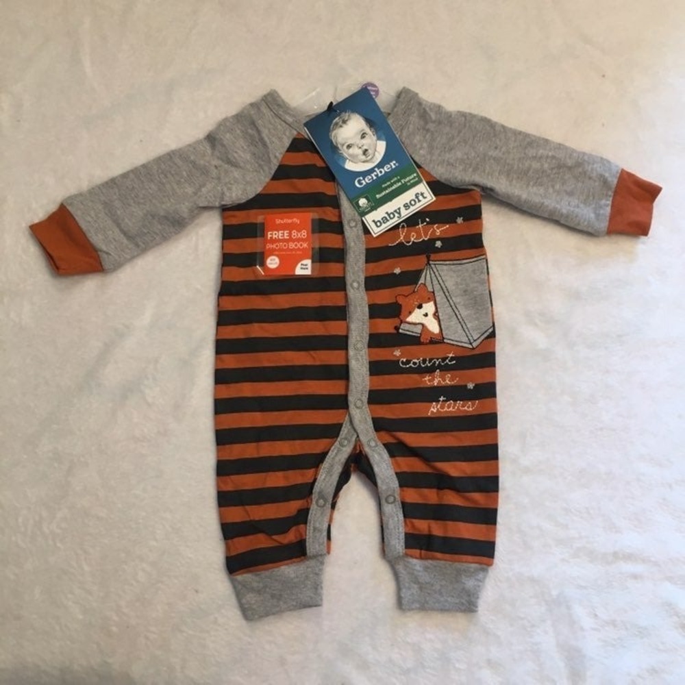 Gerber Union Suit Baby Newborn Orange Gray NEW Striped Fox Camping Snap Front